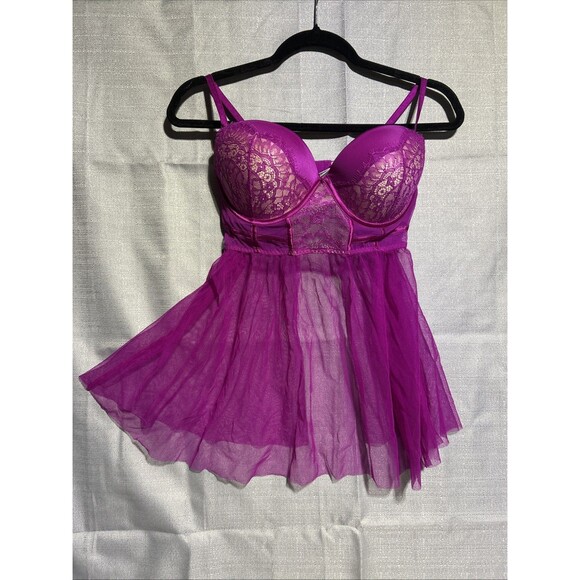 Victoria's Secret Babydoll Bra 36D Sexy Pink Purple Sheer Lace Padded Lingerie - Picture 1 of 9